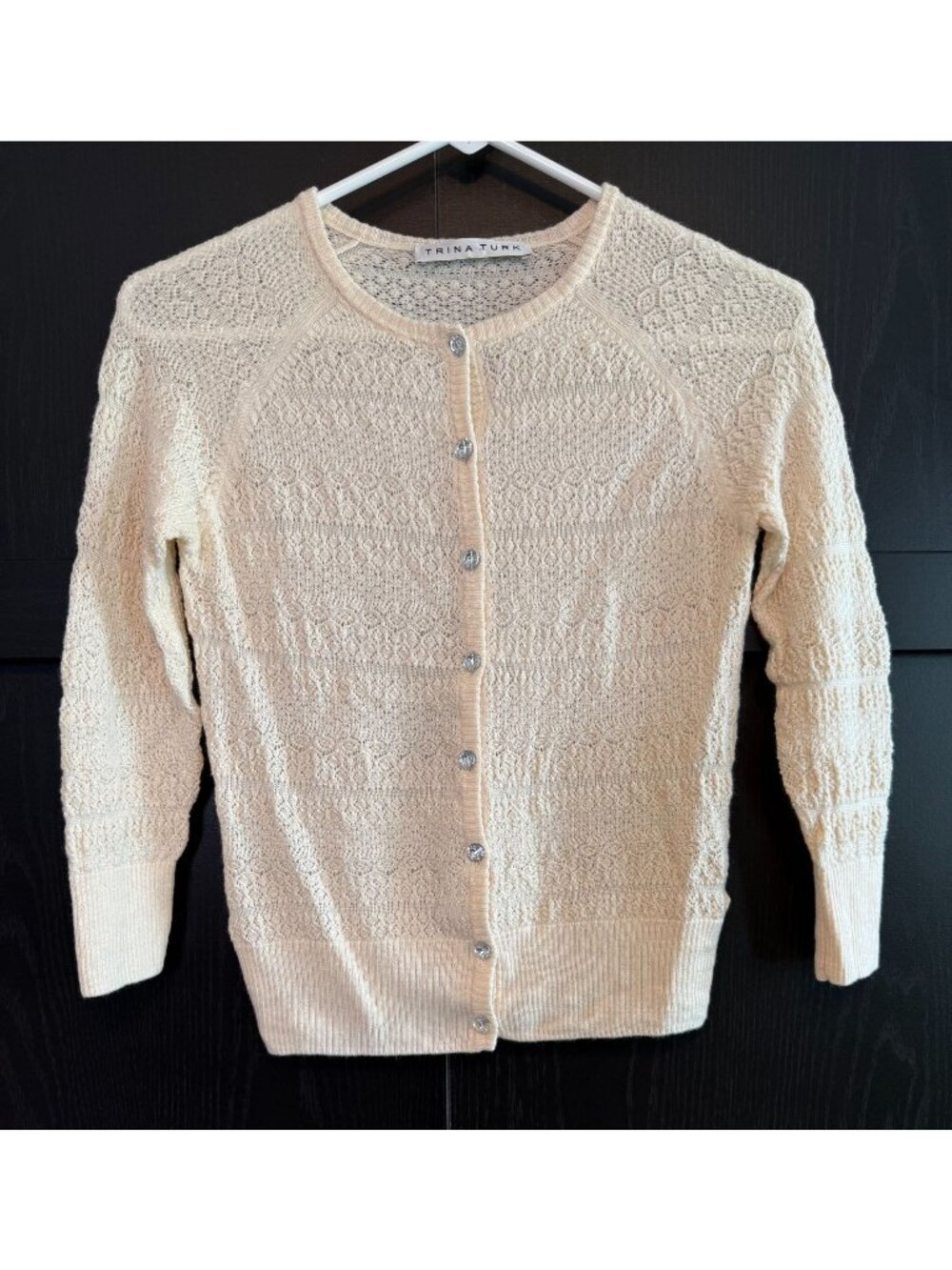 Trina Turk Merino Wool Knitted Crochet Cardigan Sweater Small 3/4 Sleeves Preppy
